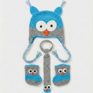 Blue and Gray Owl Knit Hat, Tie, and Booties Set